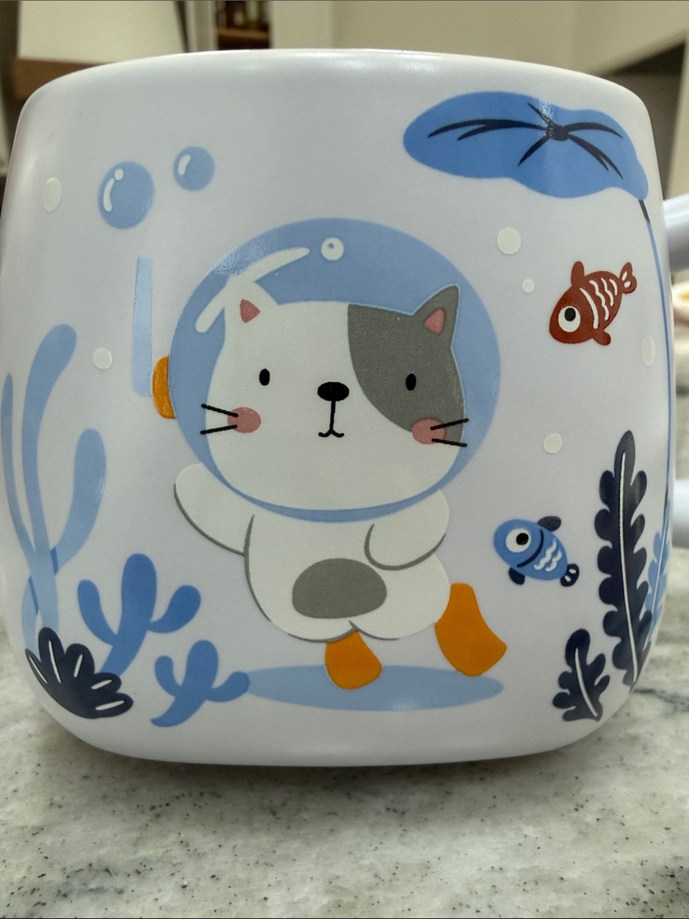 Cute Cat Diver Ceramic Mug in White and Blue